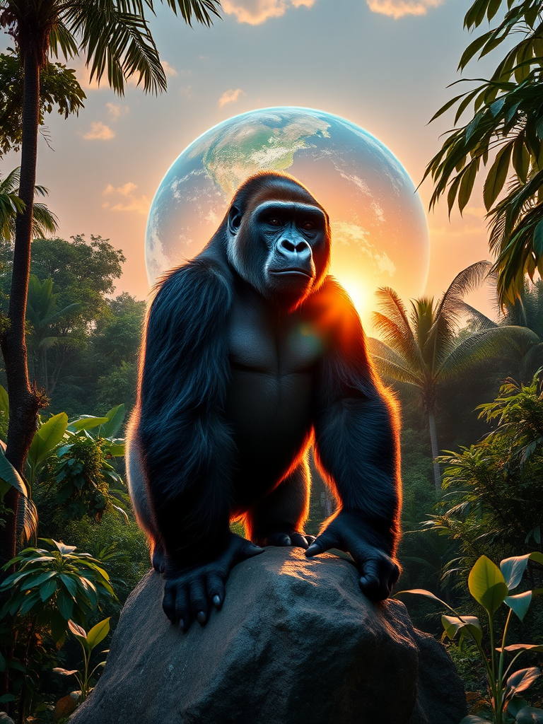 A majestic gorilla standing on a rock in a lush jungle with a vibrant Earth in the background during sunrise, captured with a Canon EOS R5, 50mm lens, f/1.8, ISO 100, 1/200 sec, wide-angle view, HDR photography style for enhanced details and colors.