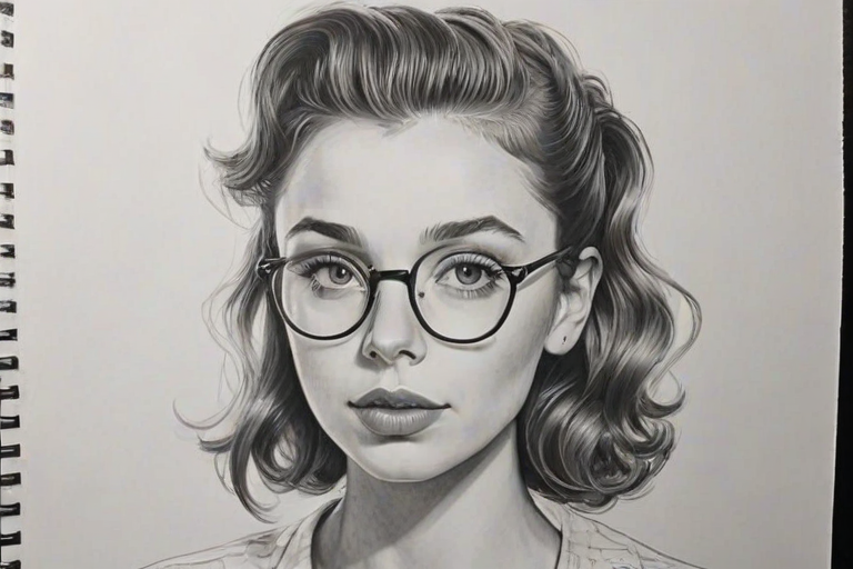 Beauteous Emma Chamberlain, pencil sketch, portrait of Stunning woman 1949s in glasses, hair style beatnik, outline, clear lines, fine lines, 8k