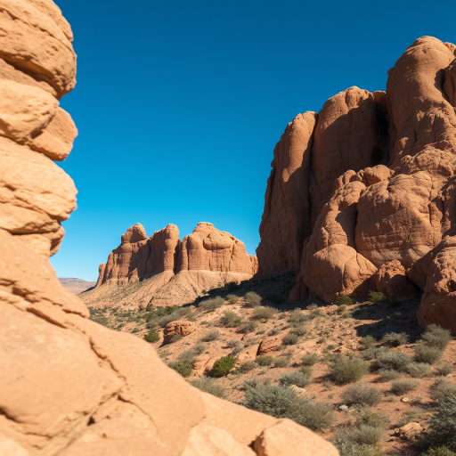 capture a scenic view of rugged rock formations under a clear blue sky, using a Canon EOS R5 with a 24-70mm lens at f/8, ISO 100, and a shutter speed of 1/200s for enhanced clarity and depth