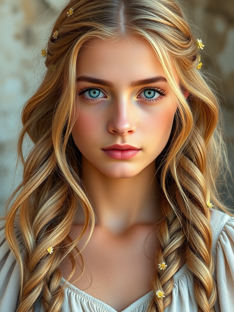 Create an image of a young Chaldean woman with long, wavy blonde hair, adorned with small, colorful flowers woven into her braids and loose strands. Her complexion is fair, with soft, glowing skin, and she has light blue eyes that gaze softly at the viewer. She wears a light, flowing dress with a gentle, ethereal quality, complementing her delicate and serene appearance. The background is slightly blurred, drawing focus to her tranquil expression and the intricate details of the flowers in her hair. The overall mood of the image is one of natural beauty and grace, evoking a sense of peacefulness and connection with nature.