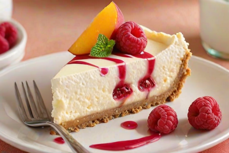 Generate an image of a slice of cheesecake topped with fresh peach slices, raspberries, and a swirl of whipped cream. The crust should be golden and crumbly, with a smooth, creamy filling that features a vibrant raspberry swirl. Include a mint leaf for garnish and place the slice on a simple white plate.