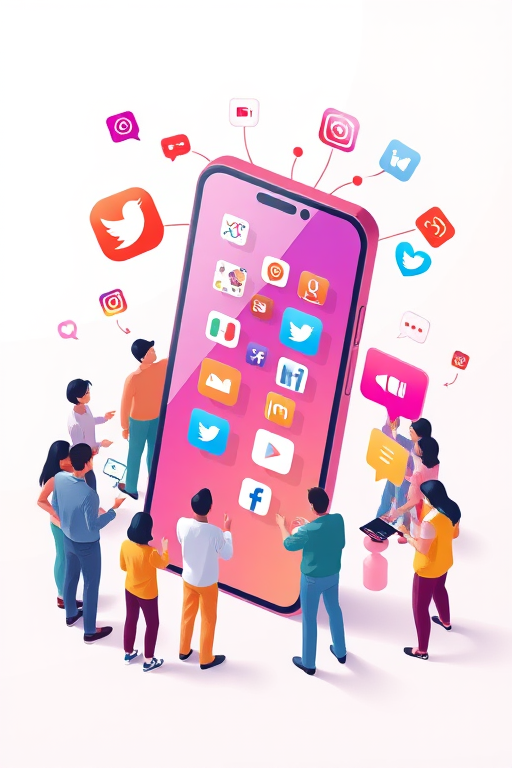 create an illustration of various people interacting with social media icons around a large smartphone, vibrant colors, soft shadows, high resolution, taken with a DSLR camera, f/2.8 aperture, 50mm lens, shot from an elevated angle, wide shot