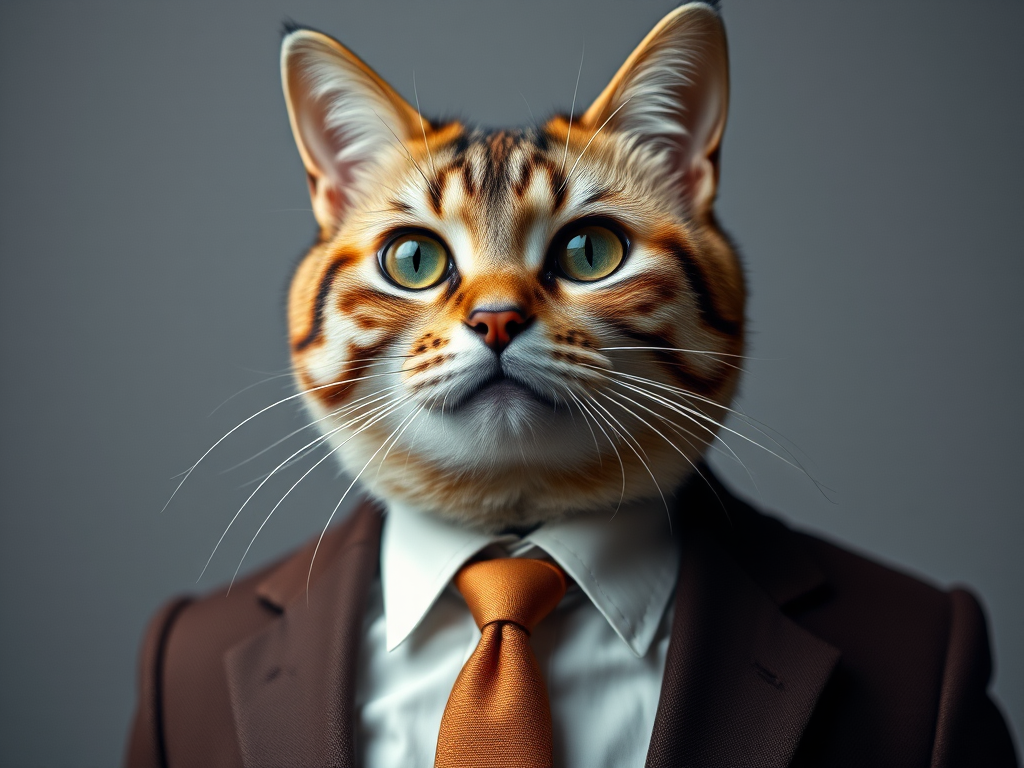 Generate an image of a cat with a human body wearing a suit and tie, high resolution, 50mm lens, f/1.8 aperture, soft lighting, portrait style, DSLR camera.