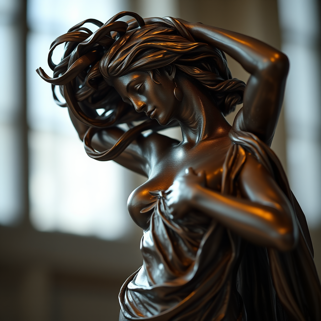 capture a bronze sculpture of a dancing woman with flowing hair and draped fabric in soft lighting with a blurred background, shot with a Canon EOS R5 at f/2.8, ISO 100, 50mm lens, in portrait view to enhance details and textures