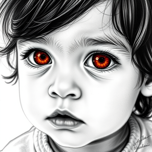 A hyperdetailed photorealistic black and white sketch of a beautiful toddler with deep orange eyes, with a macro focus