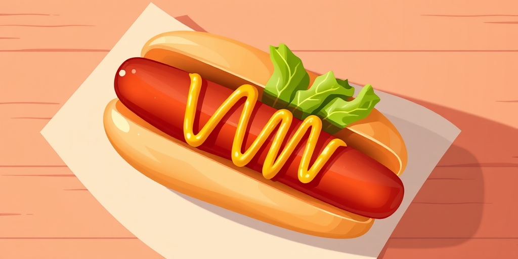 Generate a high-resolution illustration of a hot dog with lettuce and mustard, overhead view, using a digital illustration style, with a focus on bright colors and smooth gradients, captured with a virtual camera set to f/2.8, ISO 100, and a 50mm lens.
