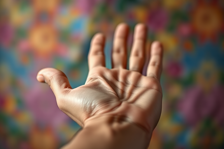 A close-up of an outstretched human hand against a blurred colorful background, shot with a Canon EOS R5, 50mm lens, f/1.8 aperture, ISO 100, 1/200 sec shutter speed, focusing on the textures of the hand with a soft bokeh effect.