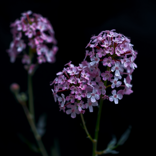 Create a high-resolution floral illustration of delicate pink and purple flower clusters against a dark background using a Canon EOS R5 with a 85mm f/1.2 lens, ISO 100, aperture f/2.8, and a soft focus style for dreamy aesthetics.