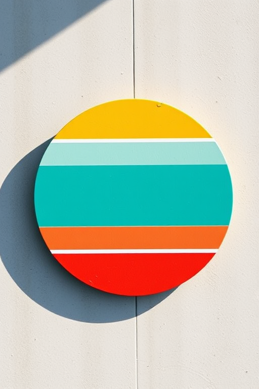 Create a vibrant graphic of a circular design featuring horizontal stripes in yellow, orange, red, and turquoise, with a textured surface and soft shadows, captured with a DSLR camera, 50mm lens, f/2.8 aperture, ISO 100, natural lighting, top-down view for enhanced detail and clarity.