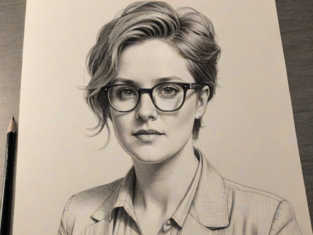 Gorgeous Hannah Gadsby, pencil sketch, portrait of Dazzling woman 1975s in glasses, hair style beatnik, outline, clear lines, fine lines, 8k