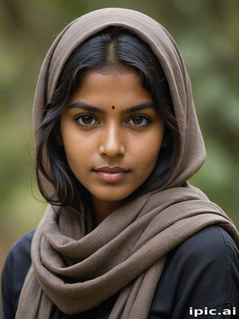 Create a portrait of a young Sri Lankan woman with long, dark hair and captivating hazel eyes. She is wearing a dark headscarf and a matching scarf draped gracefully around her neck. The background is softly blurred, focusing attention on her serene and natural expression. The overall color palette is muted and warm, enhancing the intimate and authentic feel of the portrait.