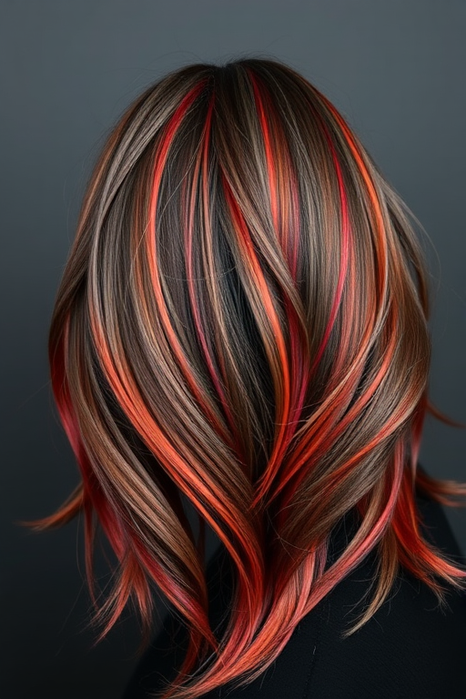 Volcanic ash grey ombre fades into smoldering crimson tips, textured to resemble cooling lava flows with obsidian black accents, exuding raw power