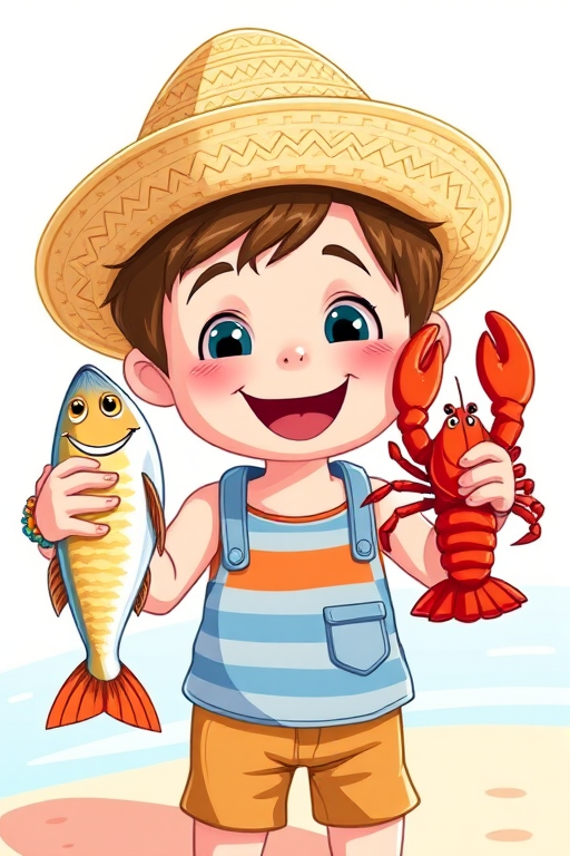 Create a vibrant illustration of a cheerful child holding a fish in one hand and a lobster in the other, wearing a large straw hat, in a cartoon style with bright colors and clear details, using a Canon EOS 5D Mark IV, f/2.8 aperture, ISO 100, 50mm lens, with soft natural lighting for enhanced clarity and depth.