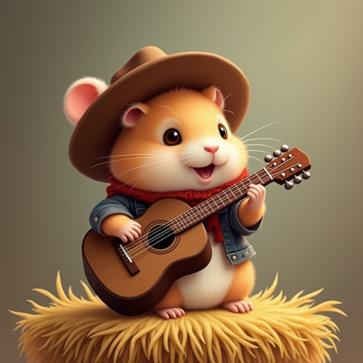 A chibi hamster, dressed as a cowboy, playing guitar, sitting on a hay bale