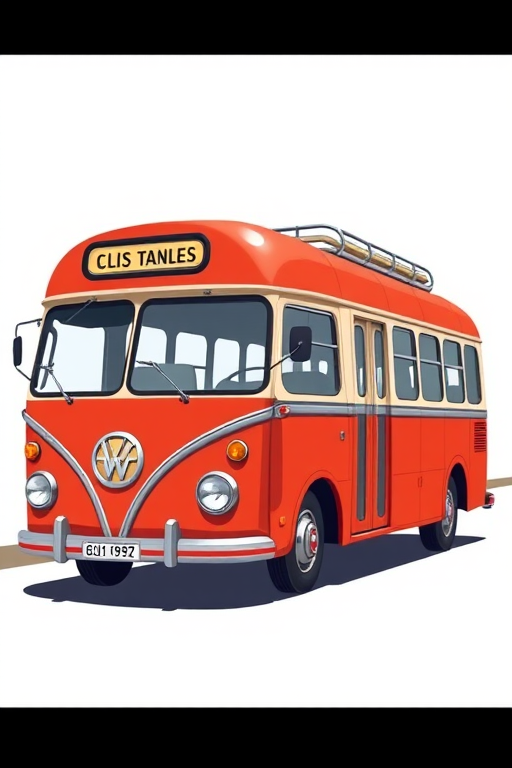 Create a detailed illustration of a classic bus with a red and white color scheme, using a flat design style and vector graphics, captured with a 50mm lens at f/8, ISO 100, and a side view to enhance clarity and sharpness.