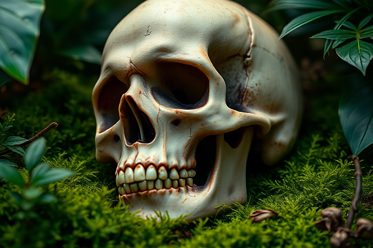 A detailed close-up of a realistic human skull resting on a bed of lush green moss surrounded by tropical foliage, taken with a Canon EOS R5 camera, 100mm f/2.8 macro lens, f/5.6 aperture, ISO 100, and 1/200 sec shutter speed, with soft natural lighting to enhance textures and depth.