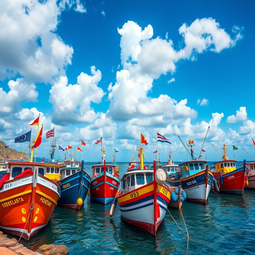 Generate a vibrant coastal scene with colorful fishing boats adorned with various flags, set against a bright blue sky with fluffy clouds, captured with a DSLR camera at f/8 aperture, ISO 100, 24mm lens, in a wide-angle view to enhance depth and detail.