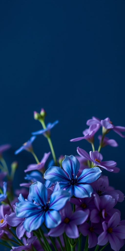 floral arrangement with blue and purple flowers against a dark blue background, soft focus, macro lens, aperture f/2.8, ISO 100, 50mm prime lens, natural light, high contrast, vibrant colors