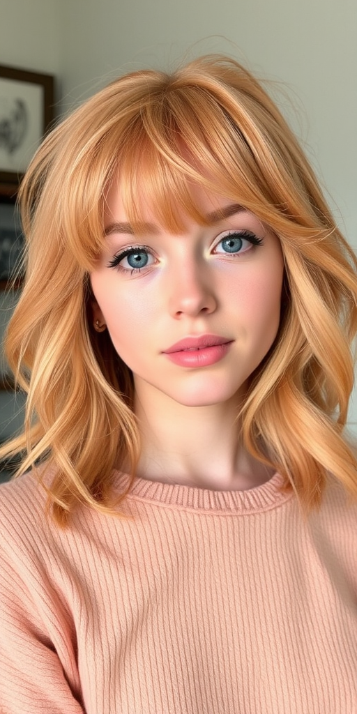 Charming peach-haired ingénue with a soft, face-framing shag cut featuring wispy bangs and textured layers