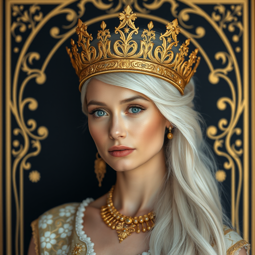 Generate an ultra-detailed digital portrait of a regal woman with long white hair and a golden crown, set against a black and gold Art Nouveau inspired background, shot with a Canon EOS R5, 85mm lens, f/1.2 aperture, ISO 100, in soft natural lighting to enhance features and colors.