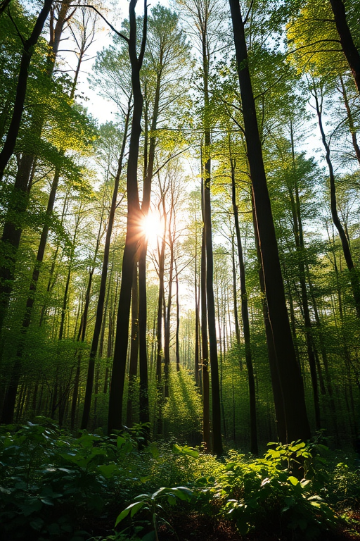 Generate a high-resolution image of a serene forest landscape with soft sunlight filtering through the trees, using a Canon EOS R5, f/1.8 aperture, ISO 100, 1/200s shutter speed, taken from a low angle perspective to capture the depth and richness of the foliage.