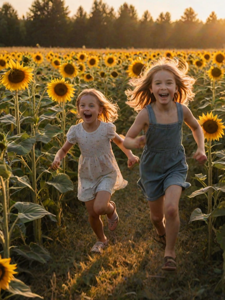 Blurry action shot of children running through a sunflower field, the flowers towering above them, golden light from the setting sun casting long shadows, and the sound of joyful laughter.