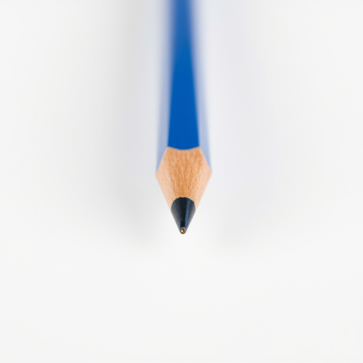 high-resolution image of a blue pencil with a sharp yellow tip on a plain white background, 50mm lens, f/2.8 aperture, 1/100s shutter speed, ISO 200, front view, soft lighting, DSLR camera