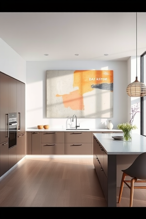interior of a modern kitchen with a large abstract painting on the wall, featuring sleek cabinetry and minimalist decor, bright lighting, focused view, DSLR camera, aperture f/2.8, ISO 100, focal length 24mm, 3-point lighting technique