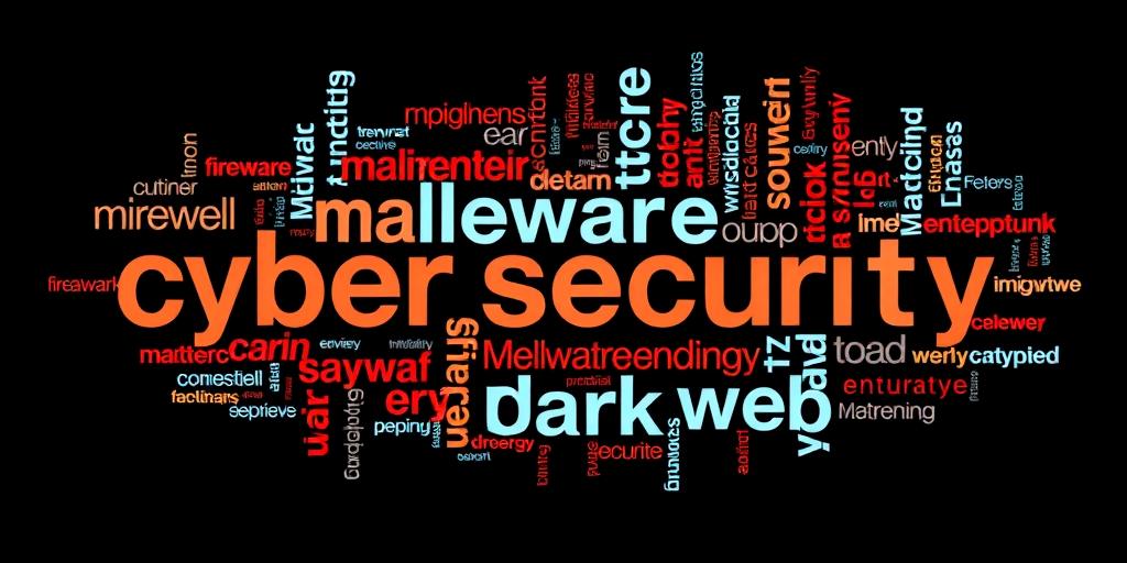Generate a visually striking word cloud focused on cyber security, featuring terms like "malware," "firewall," "encryption," and "dark web," shot with a DSLR camera, aperture f/4.0, ISO 100, 50mm lens, top-down view, in high resolution with a dark background for contrast.