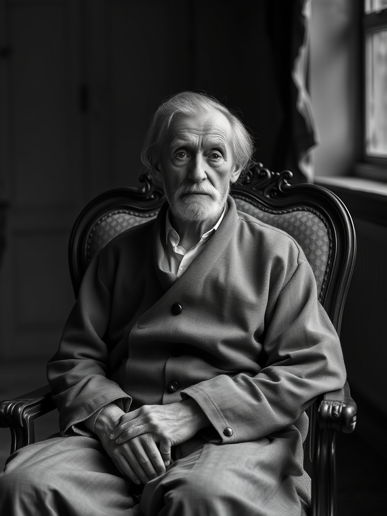 Portrait of a historical figure seated in a vintage chair, soft focus, natural lighting, f/2.8 aperture, 50mm lens, ISO 100, 1/125s shutter speed, studio style, high-resolution detail, black and white with subtle contrast enhancement.
