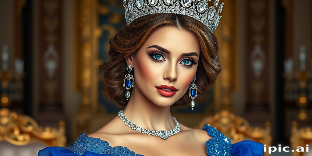 A gorgeous woman in a luxurious blue gown, accessorized with a dazzling tiara and statement earrings, her deep blue eyes highlighted by impeccable makeup, poised in a royal setting, photorealistic, 8K quality