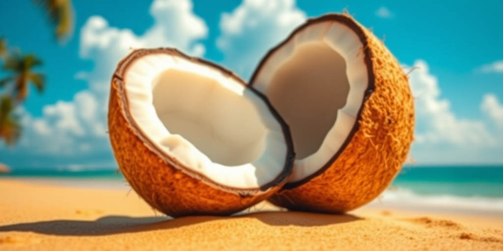 A split coconut with a glossy inner surface on a tropical beach, clear blue sky and fluffy clouds in the background, golden sand, taken with a DSLR camera at f/2.8, 1/1000s, ISO 100, wide angle view for depth, vibrant colors and sharp details.