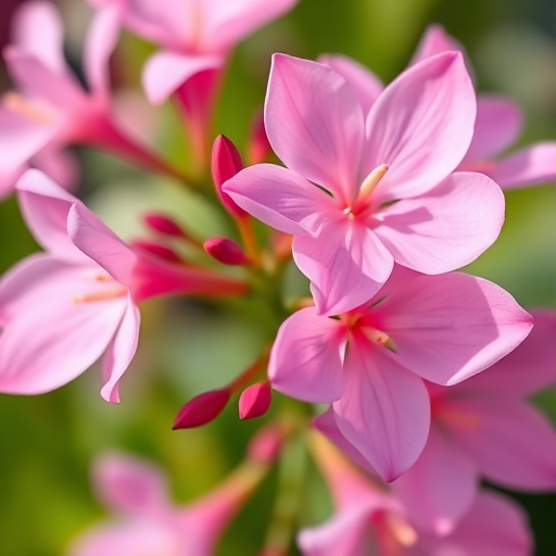 Capture a close-up of delicate pink oleander flowers with a shallow depth of field, using a DSLR camera at f/2.8, ISO 200, 1/200s, in natural light, focusing on the vibrant petals against a blurred green background.