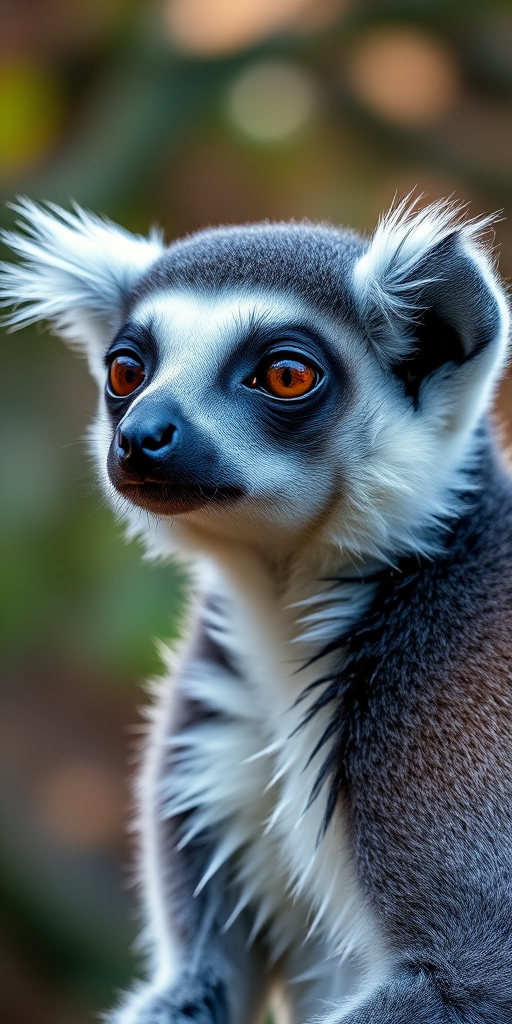 close-up of a lemur in a natural setting with blurred background, 50mm lens, f/2.8 aperture, ISO 200, 1/200s shutter speed, shallow depth of field, taken with a DSLR camera