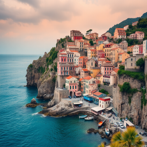 regenerate the image of a picturesque coastal town with colorful houses on the hillside overlooking a blue sea, captured with a DSLR camera, f/8 aperture, ISO 100, shutter speed 1/250s, in landscape mode, with a wide-angle lens to enhance depth and clarity