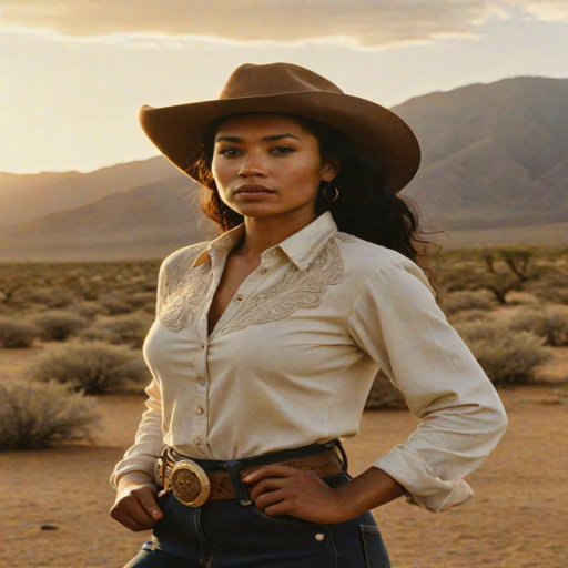 Dramatic photo of a beautiful Fijian woman, classic cowboy attire, confident and free spirit expression, half-length portrait, centered, golden hour desert landscape, warm, diffused light, low angle, medium format film camera, in style of Annie Leibovitz.