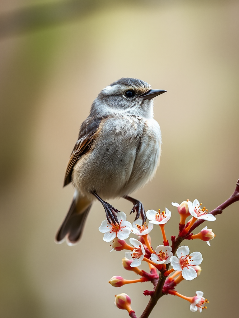 Capture a close-up of a small bird perched on a flowering branch, using a Canon EOS 5D Mark IV, 85mm lens, f/2.8 aperture, ISO 200, 1/250s shutter speed, natural light with a shallow depth of field for a soft background blur.