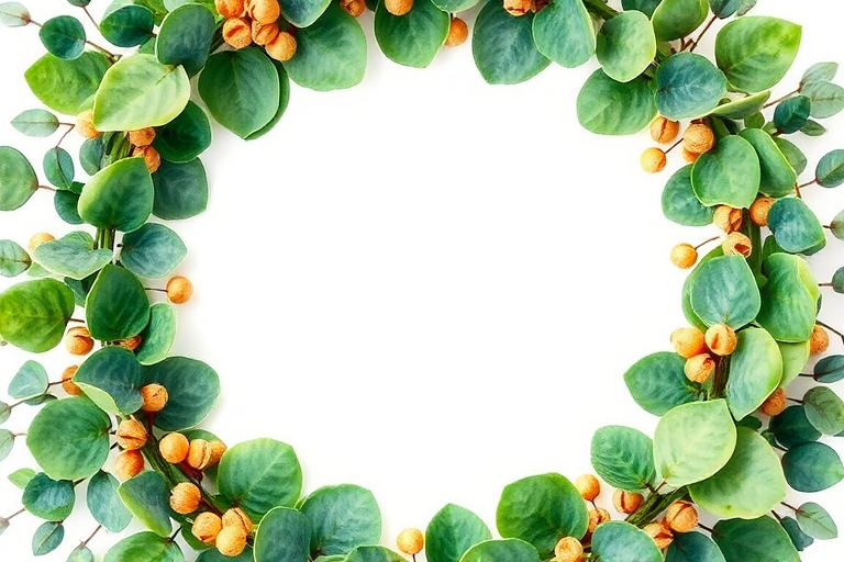 Create a detailed watercolor illustration of a circular wreath made of green eucalyptus leaves and golden accents, using a Canon EOS R5 with a 50mm f/1.8 lens, aperture set to f/2.8, ISO 100, soft natural lighting, and a shallow depth of field to enhance texture and color vibrancy.