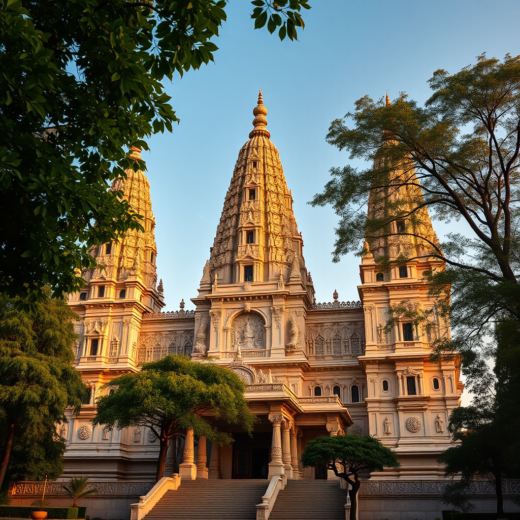 Generate an image of a grand temple showcasing intricate architecture with three prominent towers, lush green trees surrounding it, taken with a DSLR camera at f/8 aperture, 24mm focal length, ISO 100, shot from a low angle to emphasize the height and grandeur, during golden hour for warm lighting and enhanced colors.