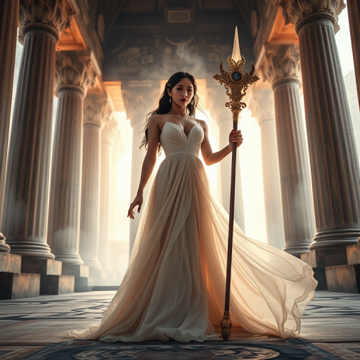 Regenerate the image of a mystical woman in an elegant, flowing gown holding a magical staff in an ancient temple setting with soft, ethereal lighting, using a Canon EOS R5 with a 50mm f/1.2 lens, aperture at f/1.2, ISO 100, shutter speed 1/200s, shot from a low angle to emphasize the grandeur of the scene.