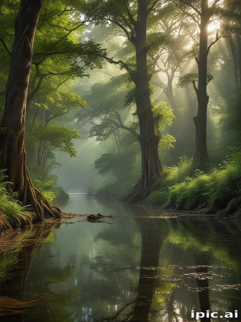 Serene Morning Light Filtering Through Lush Trees by Tranquil River