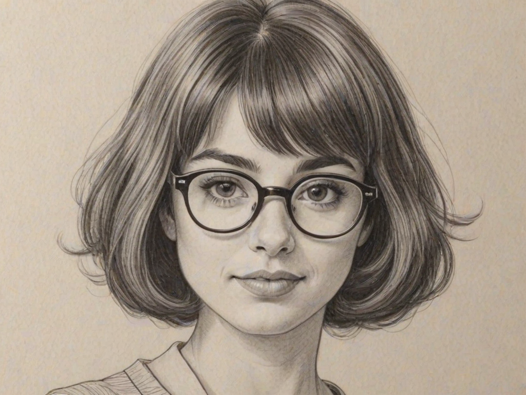 Graceful Kate Micucci, pencil sketch, portrait of Enticing woman 1971s in glasses, hair style beatnik, outline, clear lines, fine lines, 8k