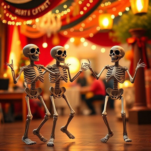 Generate an animated scene of four playful skeletons dancing in a festive setting, high resolution, 50mm lens, f/2.8 aperture, ISO 200, wide-angle view, with vibrant colors and dynamic motion.