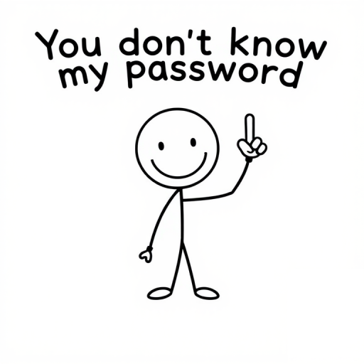 Create an image of a simple cartoon stick figure with a smiley face holding up one hand with a raised finger. The background should be a light color. Add the text You dont know my password in a bold, playful font above the figure.