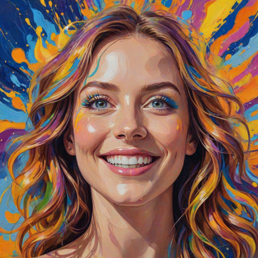 Generate a psychedelic portrait of a woman's happy face with brushstrokes of a woman smiling and looking up at the sky, emphasizing bright and bold colors. The dominant color should be deep blue, with swirling patterns of yellow, green, pink, purple and orange. open blue eyes with long eyelashes, apply an orange-yellow eyeshadow for a mesmerizing effect.
