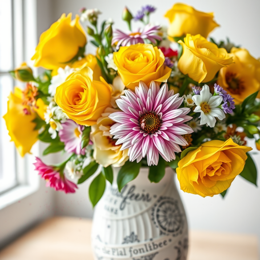 Generate an image of a vibrant bouquet featuring yellow roses and mixed flowers in a textured vase with splashes of watercolor effect, captured with a Canon EOS R5 at f/2.8, ISO 100, 50mm lens, with a soft focus and natural light.