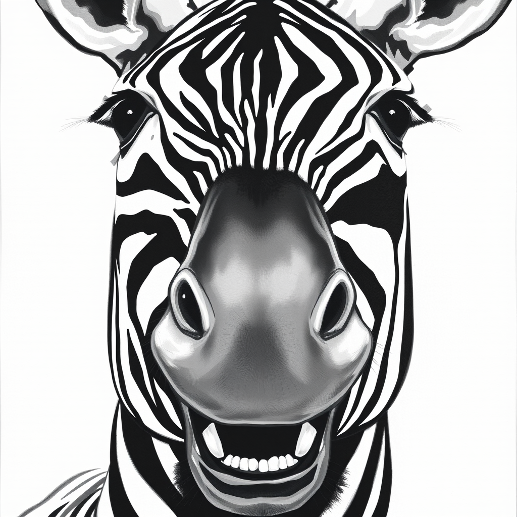 Abstract black and white acrylic portrait of an over exaggerated laughing (Zebra). Minimalism style. White background.