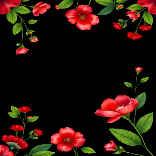 Create a vibrant floral border illustration featuring red flowers and green leaves on a black background, captured with a DSLR camera at f/2.8 aperture, ISO 100, 50mm lens, top-down view, in high-resolution for enhanced detail.