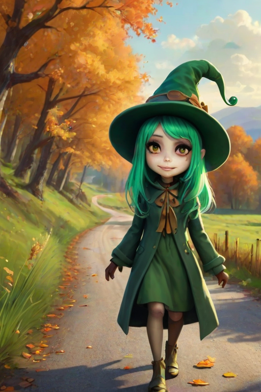 digital art fantasy depicting a strange girl with green hair, long eyelashes, green lipstick and a tall hat walking along a winding road on an autumn afternoon, an Frog smiles as she passes