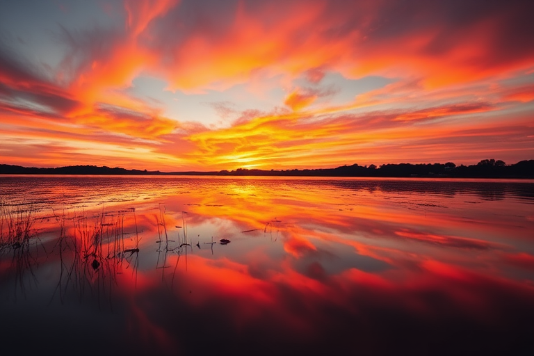 capture a vibrant sunset over a calm lake with reflections on the water, focal length 35mm, aperture f/8, ISO 100, shot from a low angle with a wide-angle lens using a DSLR camera